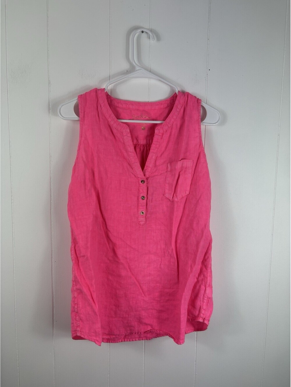 Lilly Pulitzer Womens Blouse Button Front Linen V Neck Sleeveless Pink Preppy S